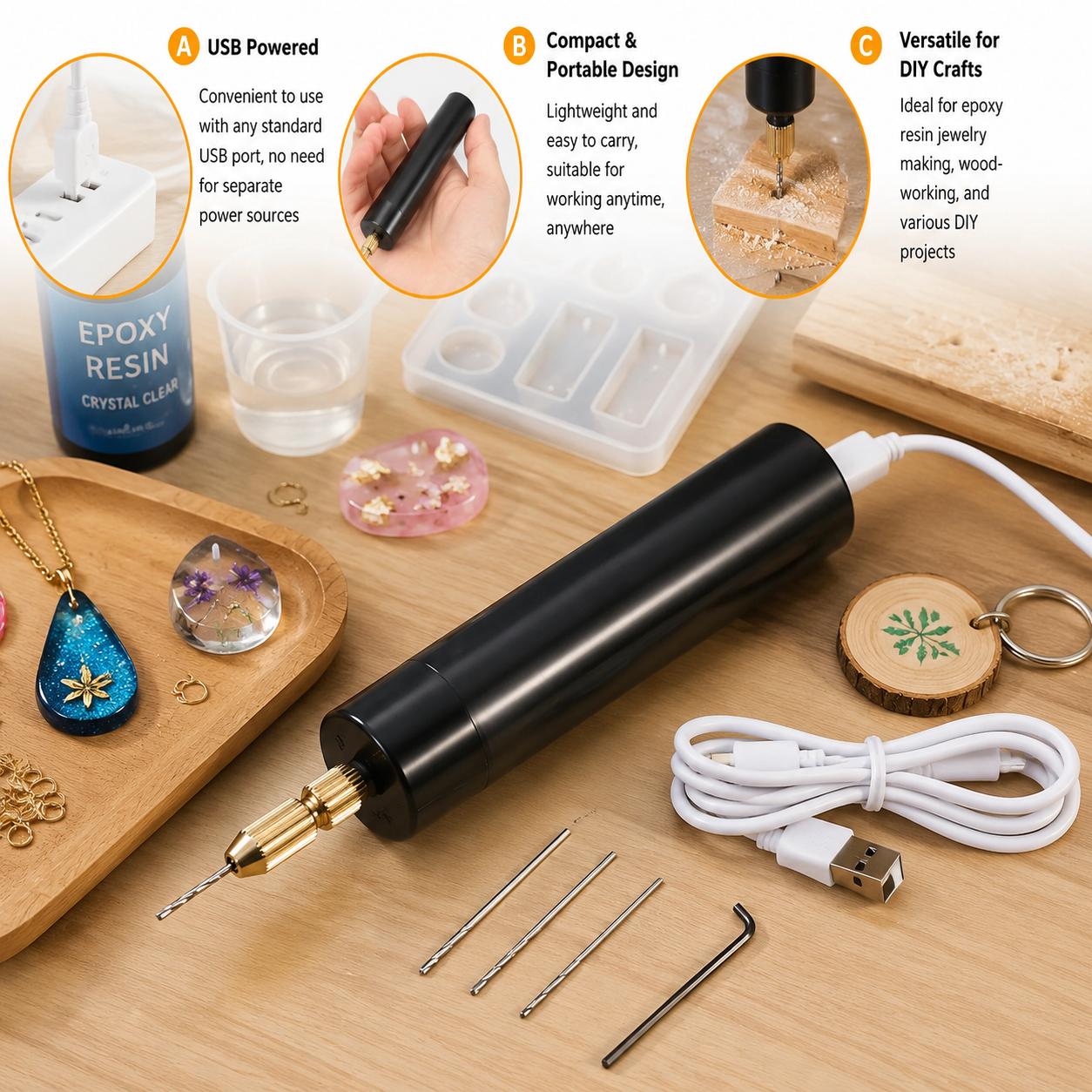 Resin Art A Keychain - Mini Taladro Eléctrico Portátil USB, Herramienta